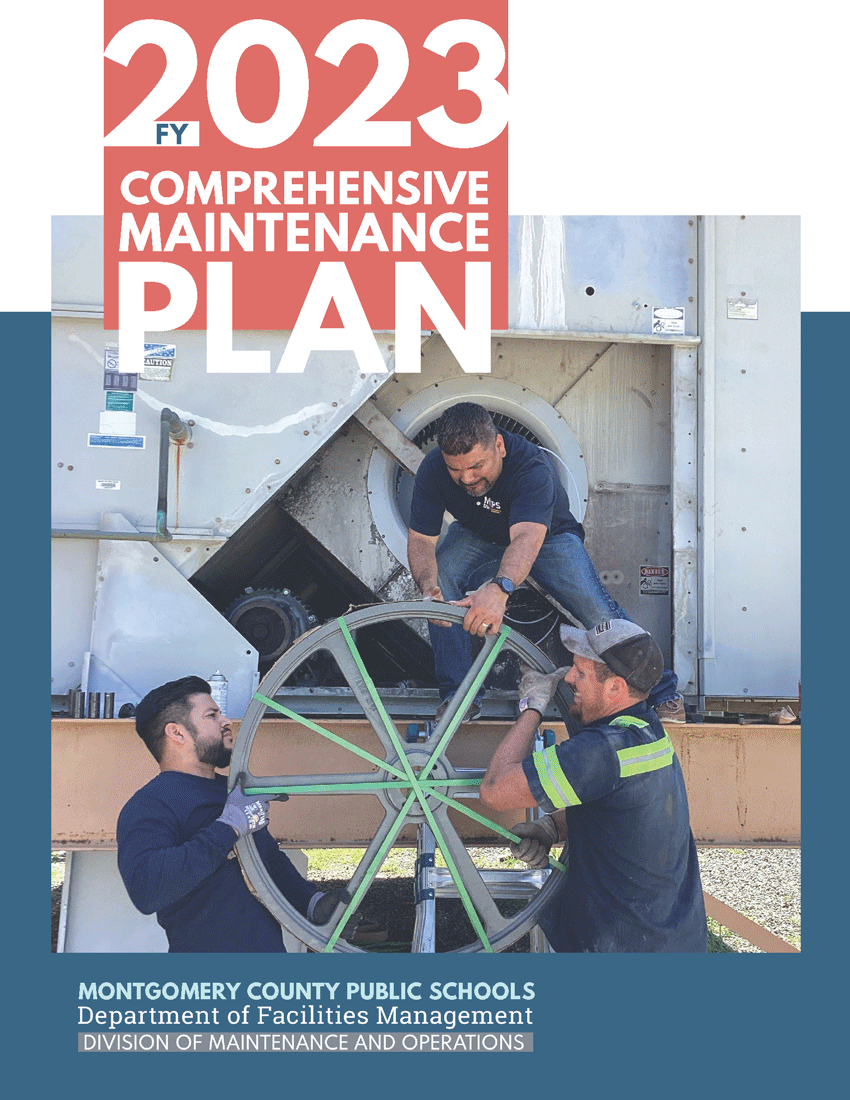 The cover of the FY23 CMP shows three HVAC mechanics with equipment